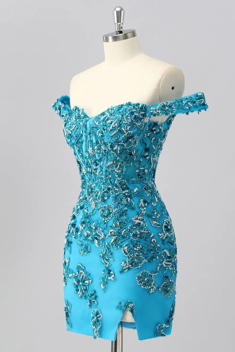 Off The Shoulder Blue Beaded Corset Bodycon Homecoming Dress with Appliques sold by Zapaka product image thumbnail 3