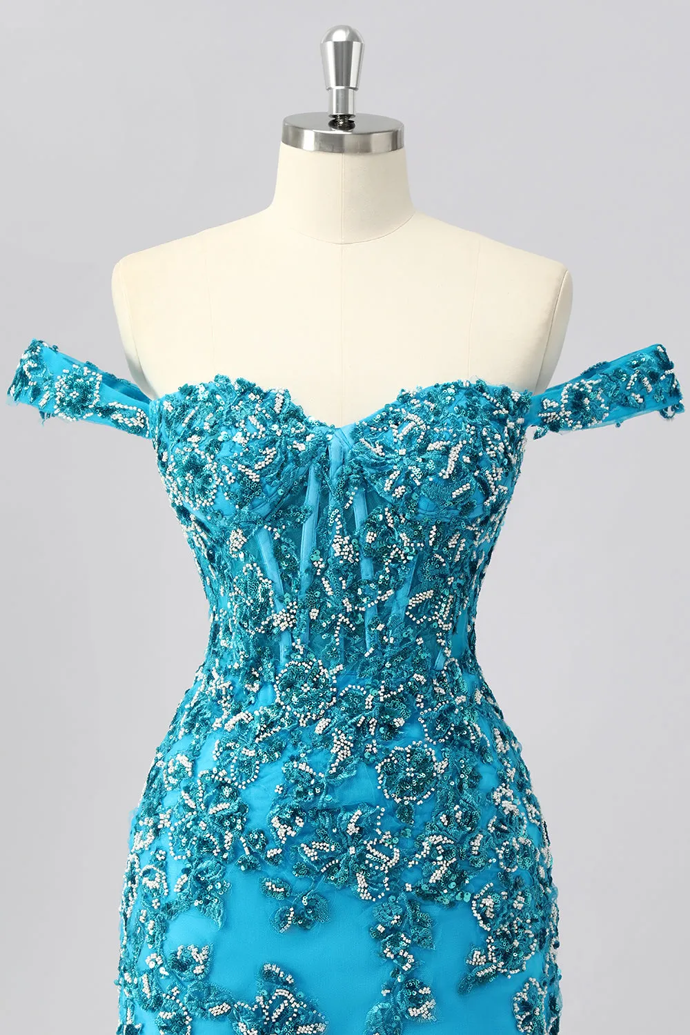 Off The Shoulder Blue Beaded Corset Bodycon Homecoming Dress with Appliques sold by Zapaka product image thumbnail 4