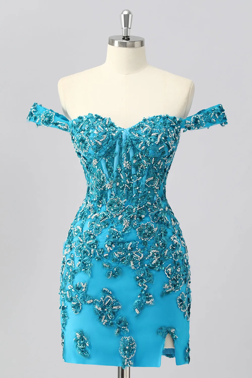 Off The Shoulder Blue Beaded Corset Bodycon Homecoming Dress with Appliques sold by Zapaka