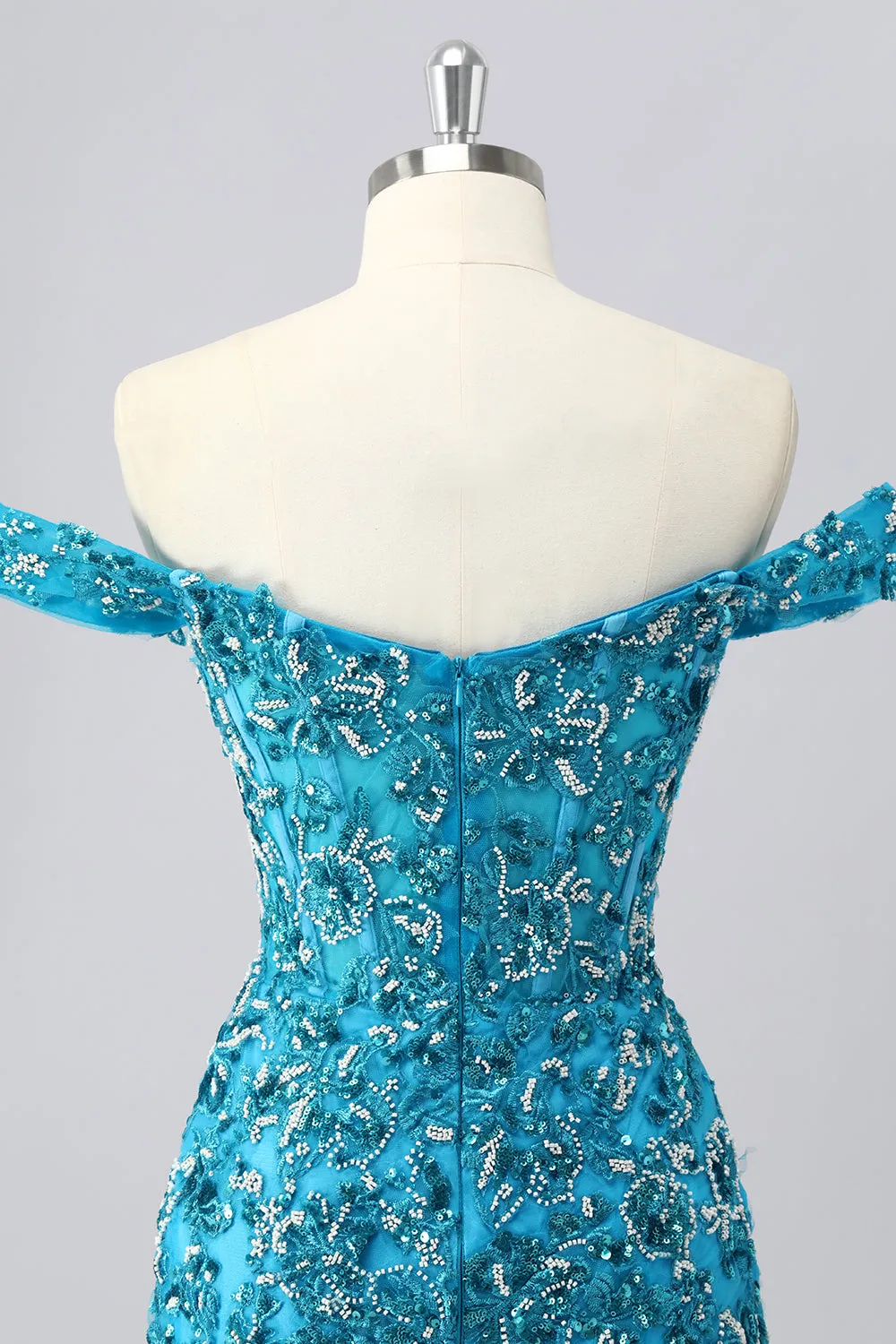 Off The Shoulder Blue Beaded Corset Bodycon Homecoming Dress with Appliques sold by Zapaka product image thumbnail 5