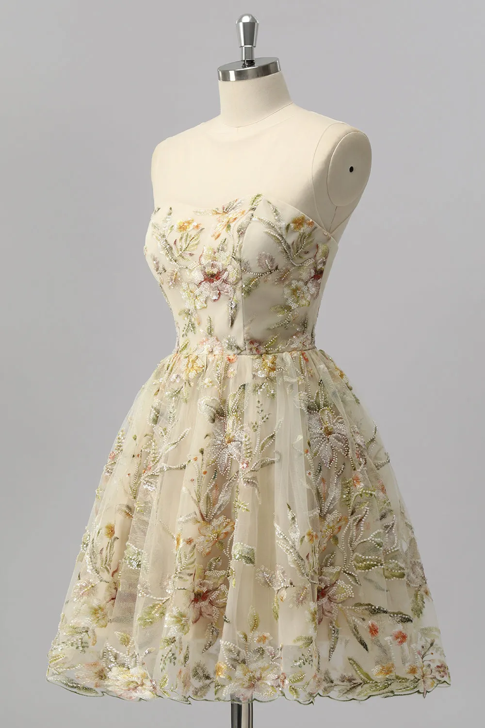 Apricot Floral A Line Illusion Beaded Short Homecoming Dress sold by Zapaka product image thumbnail 3