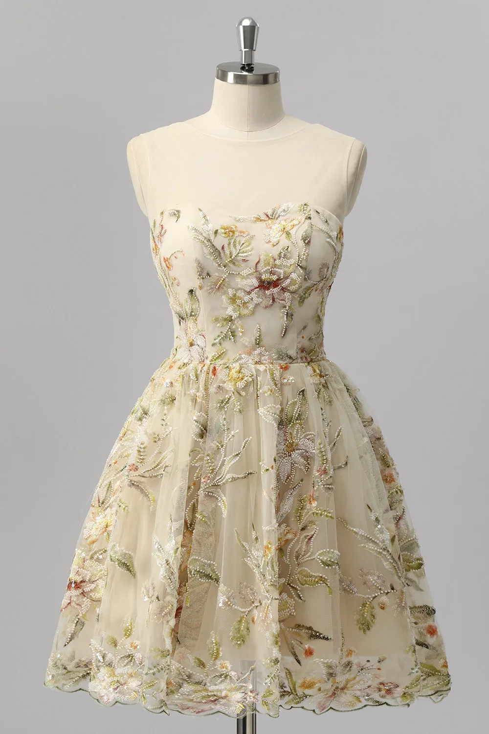 Apricot Floral A Line Illusion Beaded Short Homecoming Dress sold by Zapaka