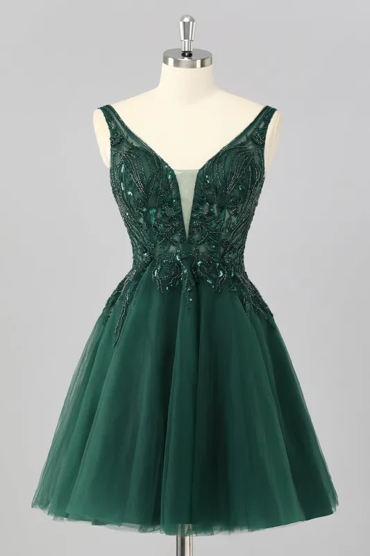 Sparkly Dark Green A Line V-Neck Short Homecoming Dress sold by Zapaka