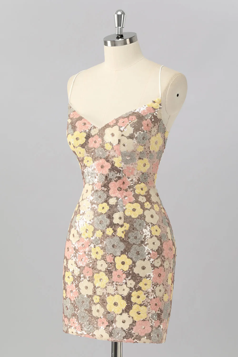 Yellow Floral Sequin Bodycon Mini Homecoming Dress sold by Zapaka product image thumbnail 3