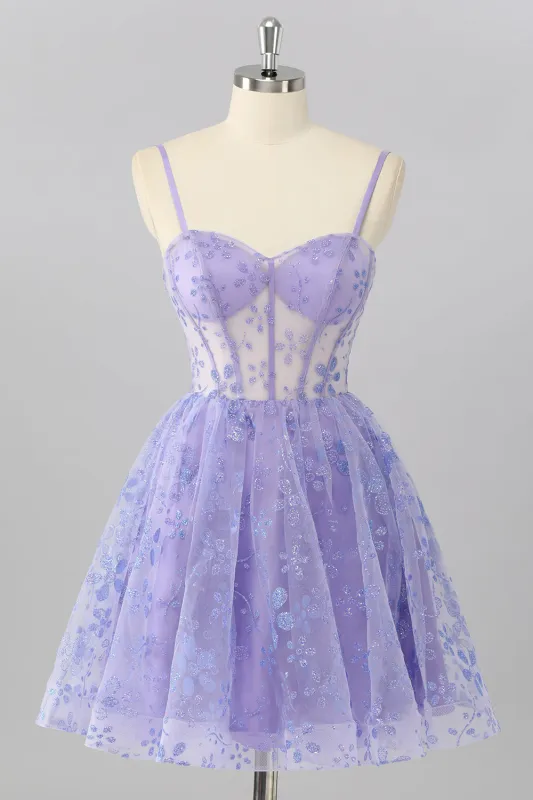 Purple A Line Spaghetti Straps Corset Sequin Homecoming Dress sold by Zapaka