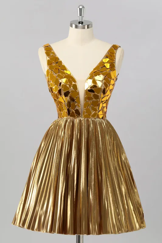 Golden Mirror Metallic A Line Short Homecoming Dress sold by Zapaka