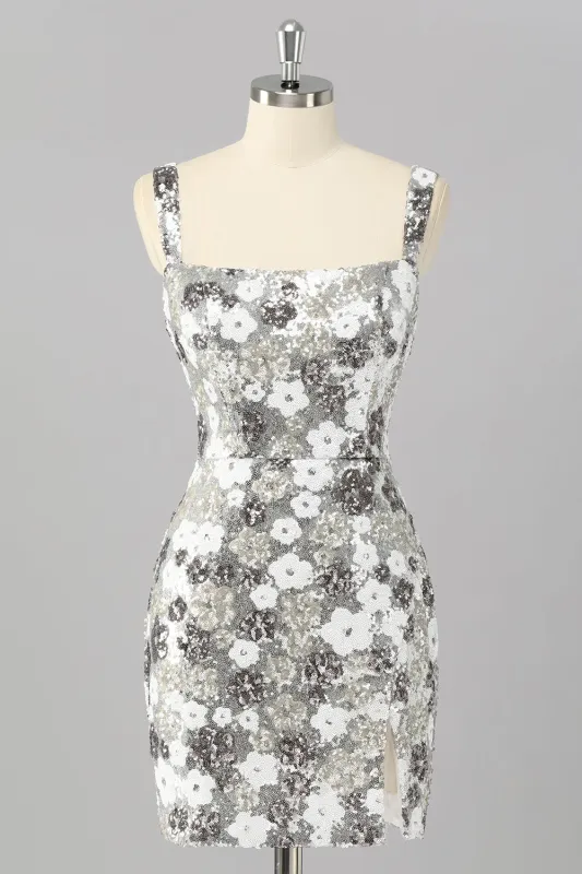 Sparkly Silver Floral Sequin Bodycon Mini Homecoming Dress with Slit sold by Zapaka