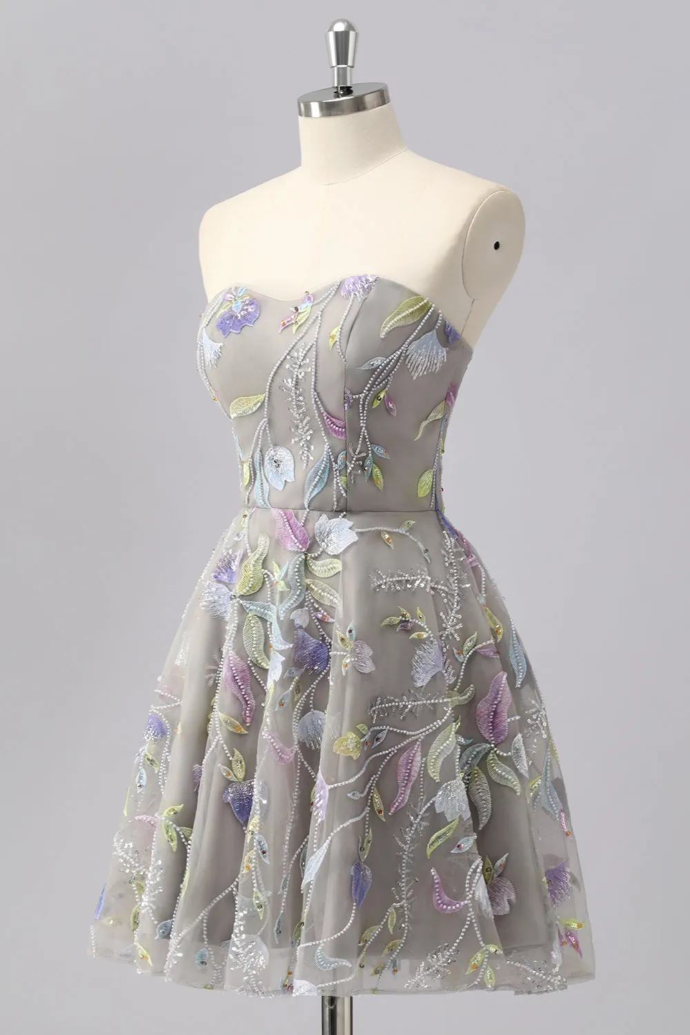 Grey A Line Strapless Floral Mini Homecoming Dress with Embroidery sold by Zapaka product image thumbnail 3