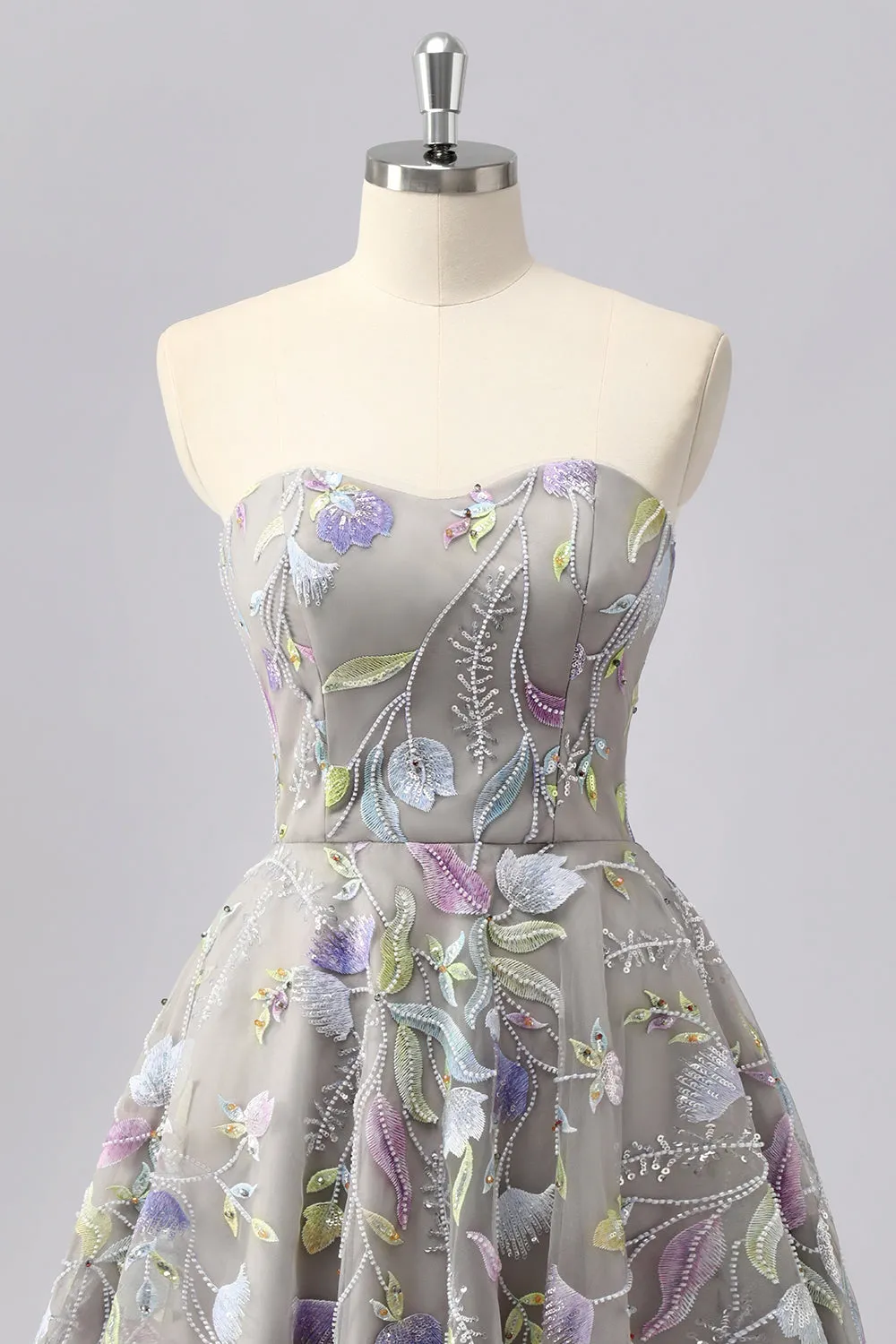 Grey A Line Strapless Floral Mini Homecoming Dress with Embroidery sold by Zapaka product image thumbnail 4