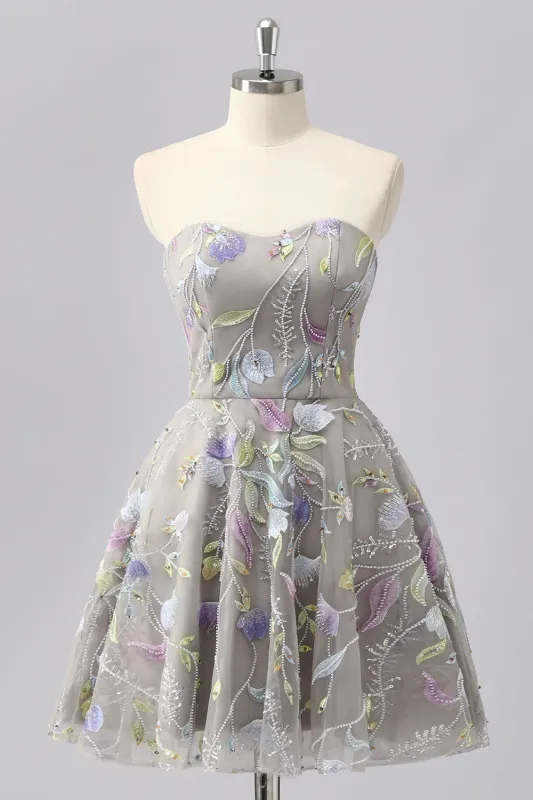 Grey A Line Strapless Floral Mini Homecoming Dress with Embroidery made by Zapaka