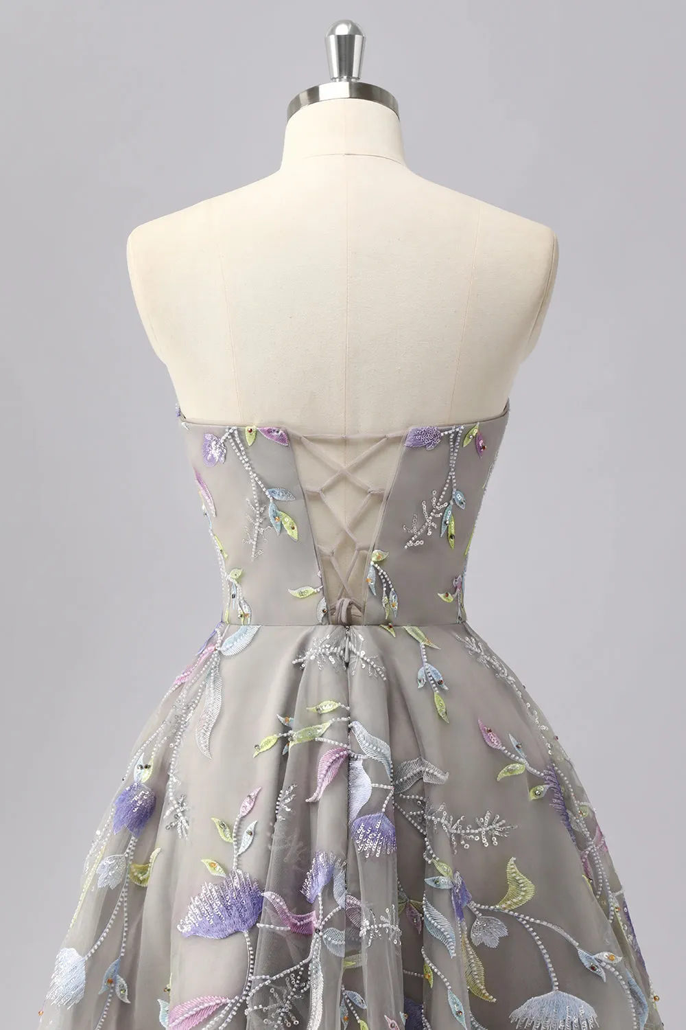 Grey A Line Strapless Floral Mini Homecoming Dress with Embroidery sold by Zapaka product image thumbnail 5