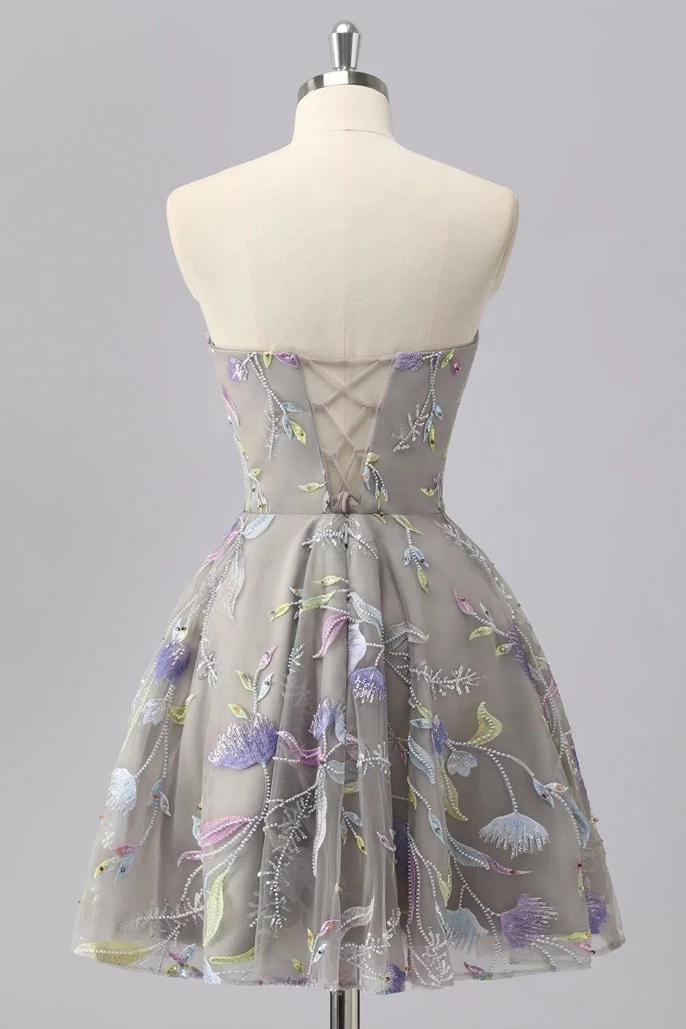 Grey A Line Strapless Floral Mini Homecoming Dress with Embroidery sold by Zapaka product image thumbnail 2