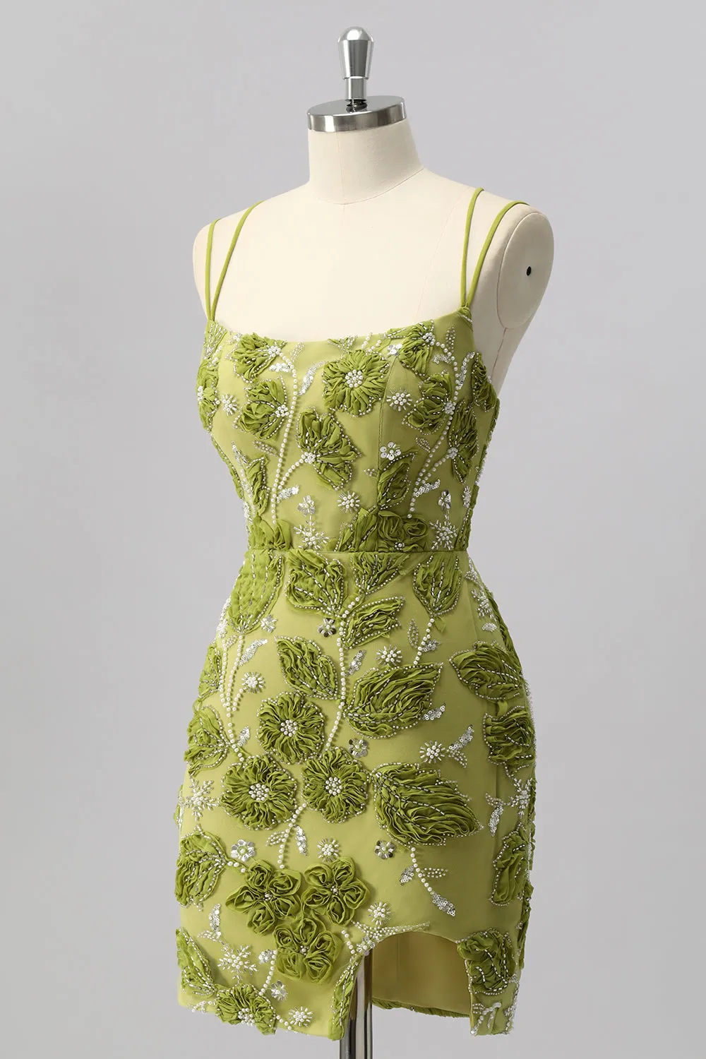 Green Bodycon Beaded Mini Homecoming Dress with 3D Flowers sold by Zapaka product image thumbnail 3