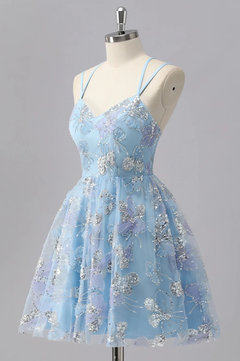 Blue Floral A Line Sequin Mini Homecoming Dress sold by Zapaka product image thumbnail 3