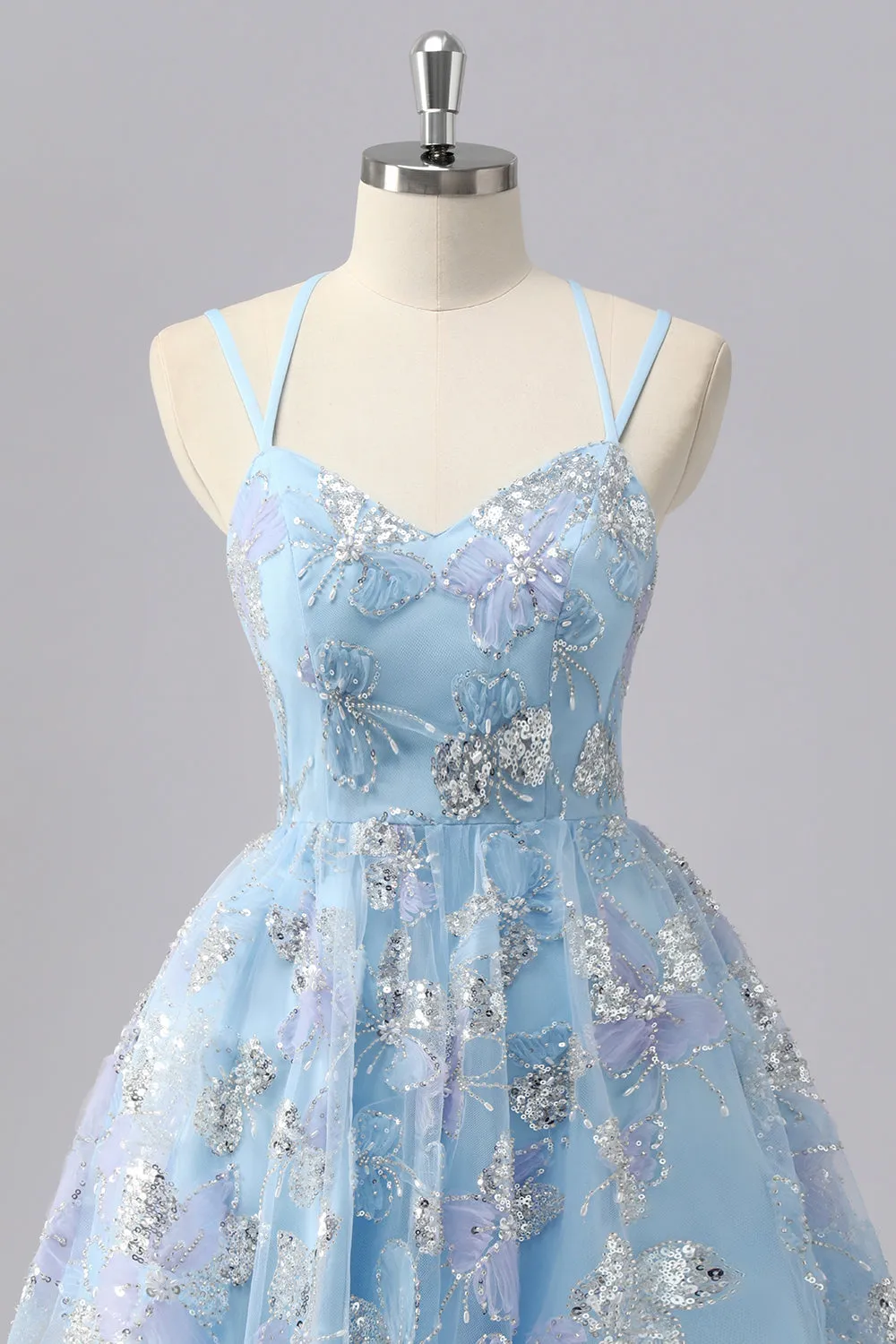 Blue Floral A Line Sequin Mini Homecoming Dress sold by Zapaka product image thumbnail 4