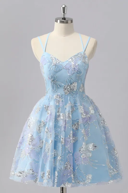 Blue Floral A Line Sequin Mini Homecoming Dress sold by Zapaka