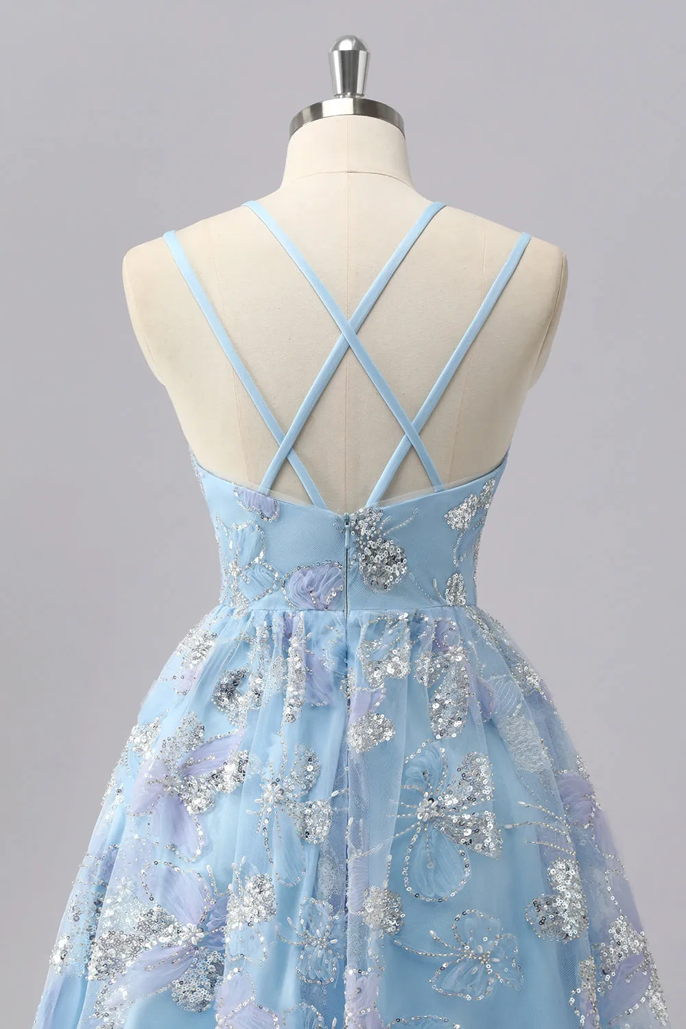 Blue Floral A Line Sequin Mini Homecoming Dress sold by Zapaka product image thumbnail 5