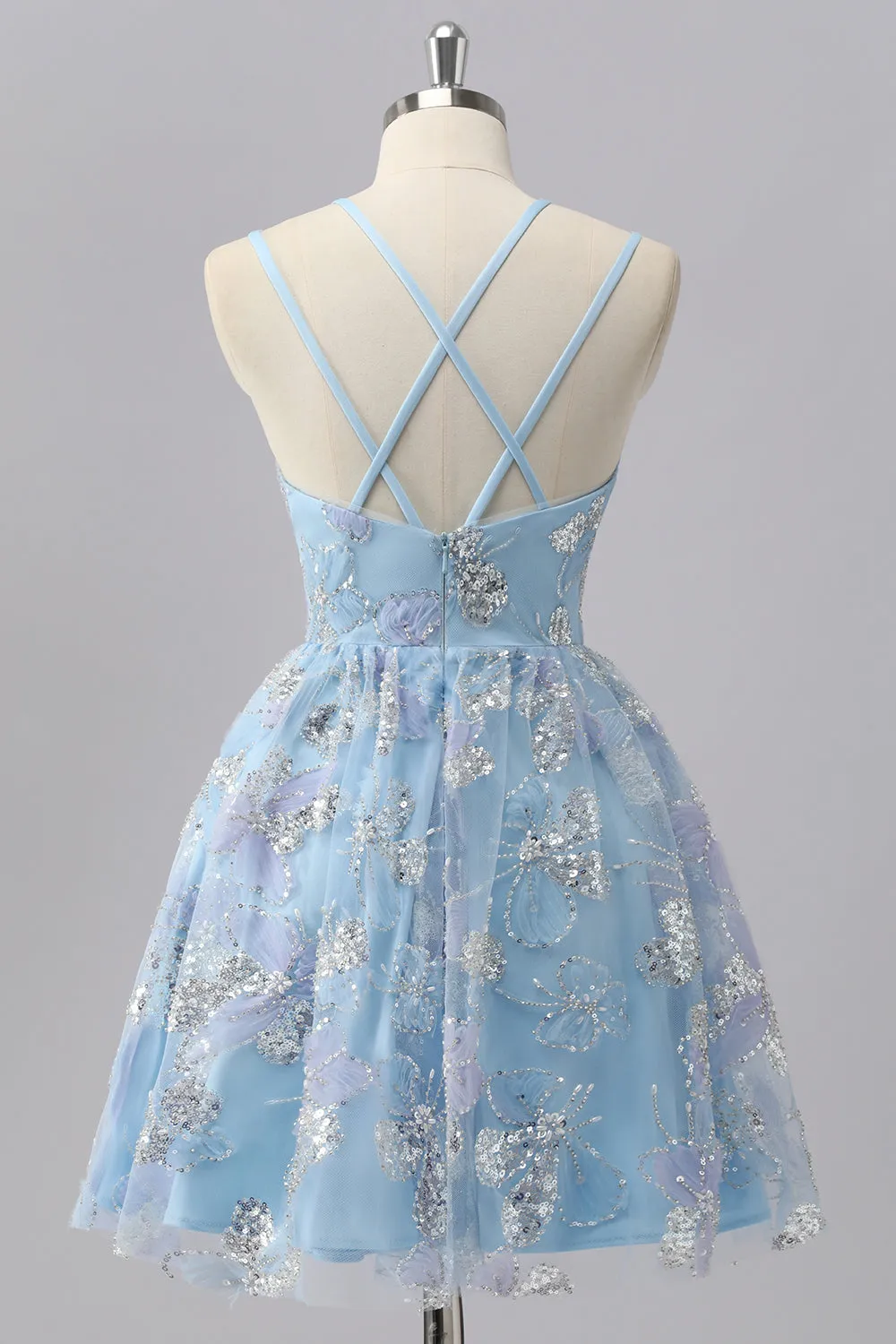 Blue Floral A Line Sequin Mini Homecoming Dress sold by Zapaka product image thumbnail 2