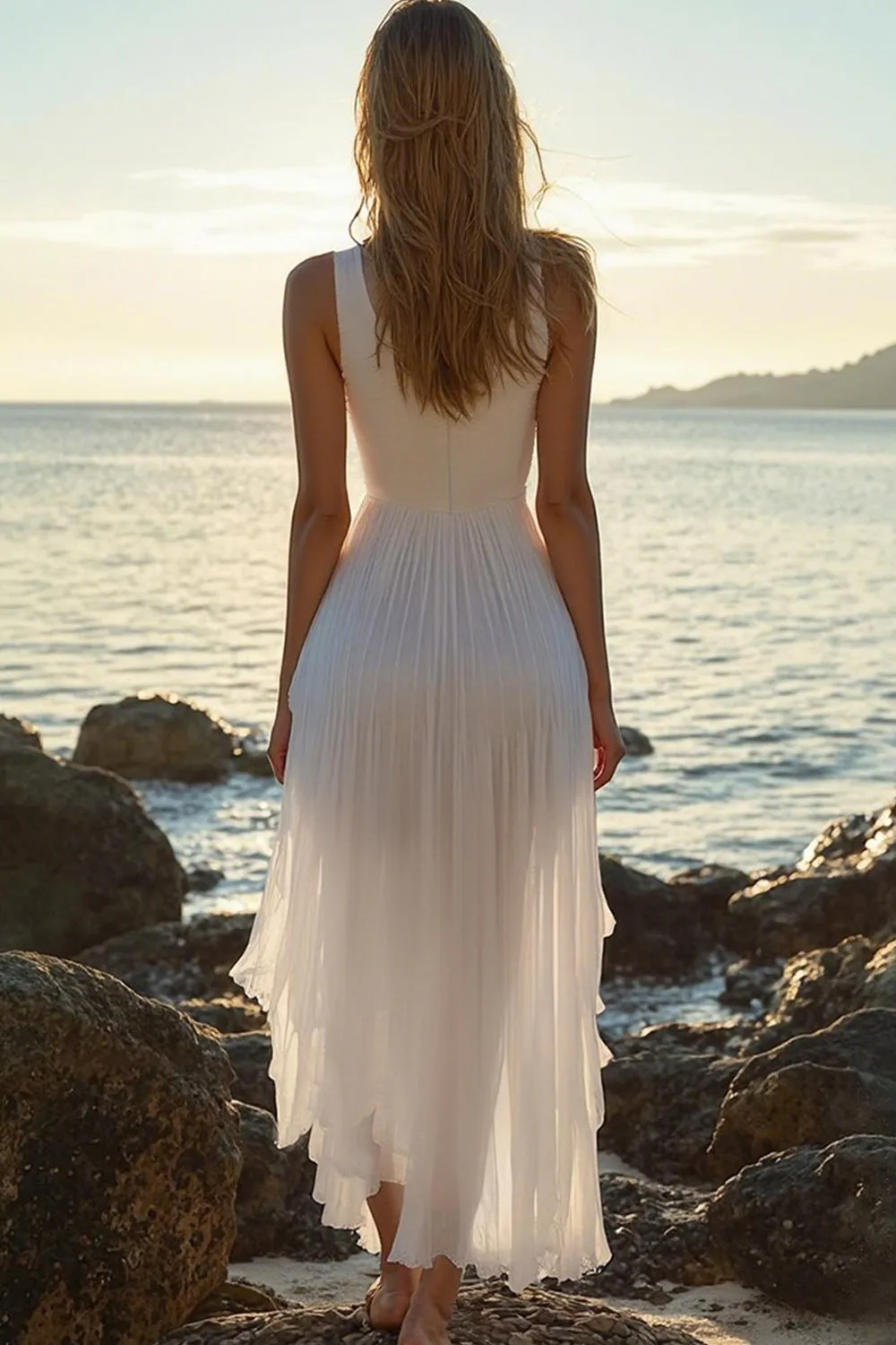White A-Line High-Low V-Neck Boho Dress With Pleats sold by Zapaka product image thumbnail 2