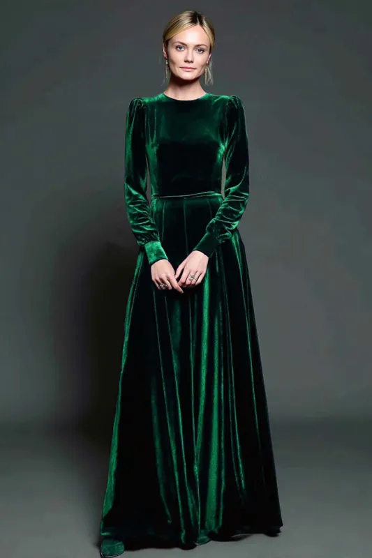 Dark Green A-Line Velvet Long Formal Dress With Long Sleeves sold by Zapaka