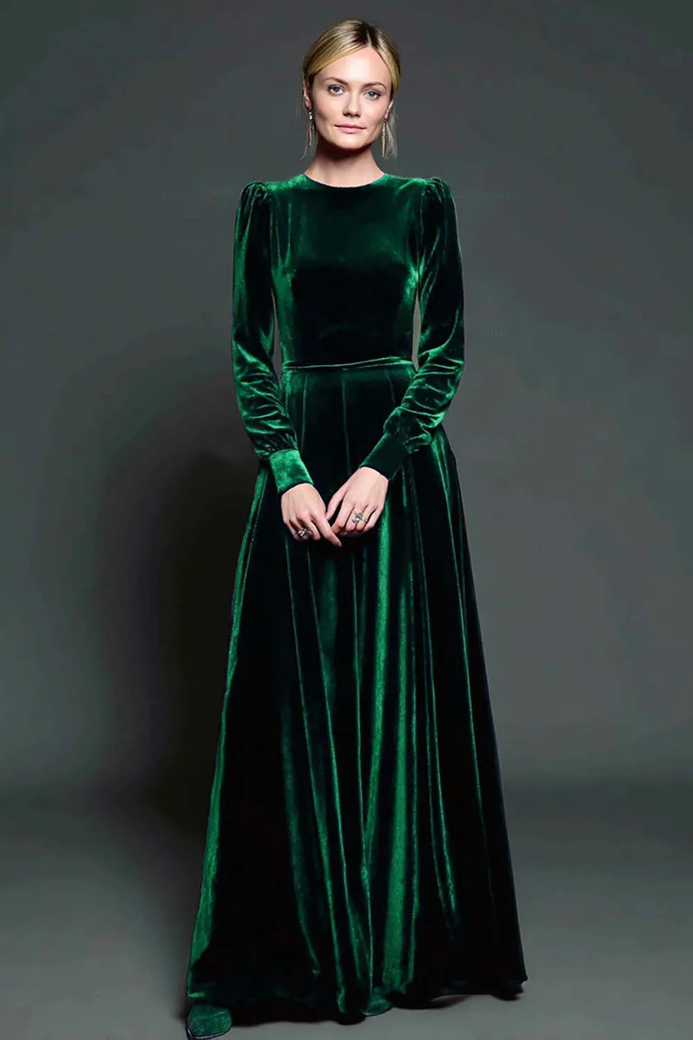 Dark Green A-Line Velvet Long Formal Dress With Long Sleeves sold by Zapaka