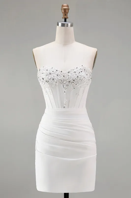 Strapless White Bodycon Corset Homecoming Dress With Beading sold by Zapaka