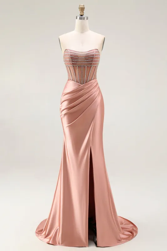 Mermaid Corset Beaded Strapless Blush Long Prom Dress With Slit sold by Zapaka