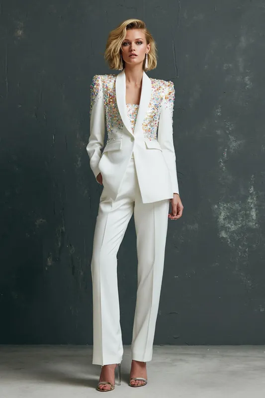White 2 Piece Shawl Lapel Women Suits with Pockets sold by Zapaka