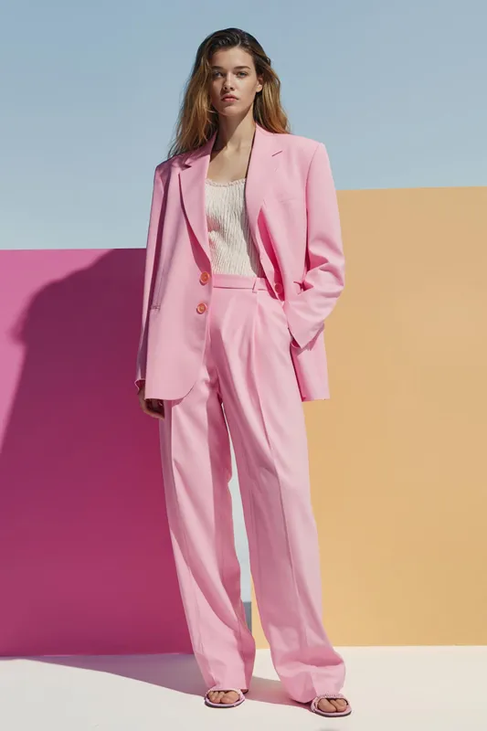 Pink 2 Piece Satin Single Breasted Women Suits with Pockets sold by Zapaka