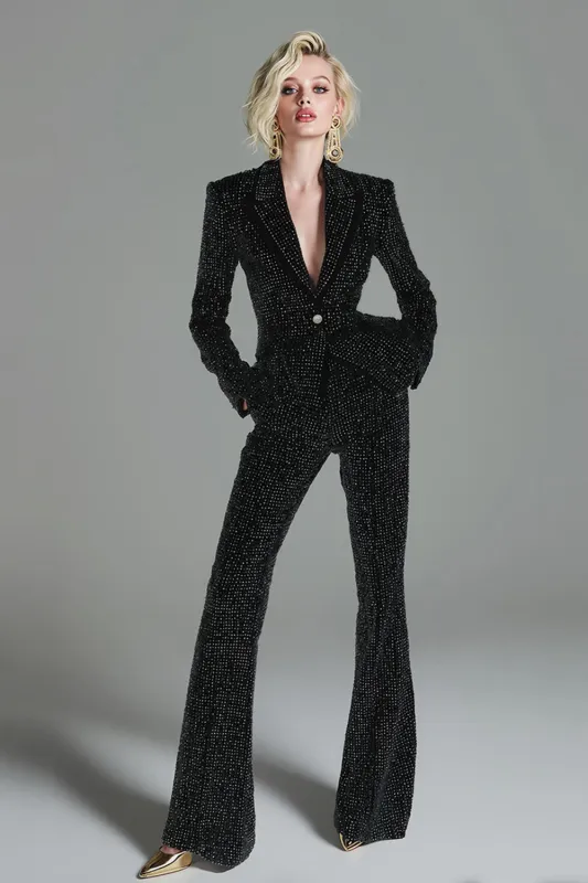 Sparkly Black 2 Piece Button Long Women Suits with Rhinestones sold by Zapaka
