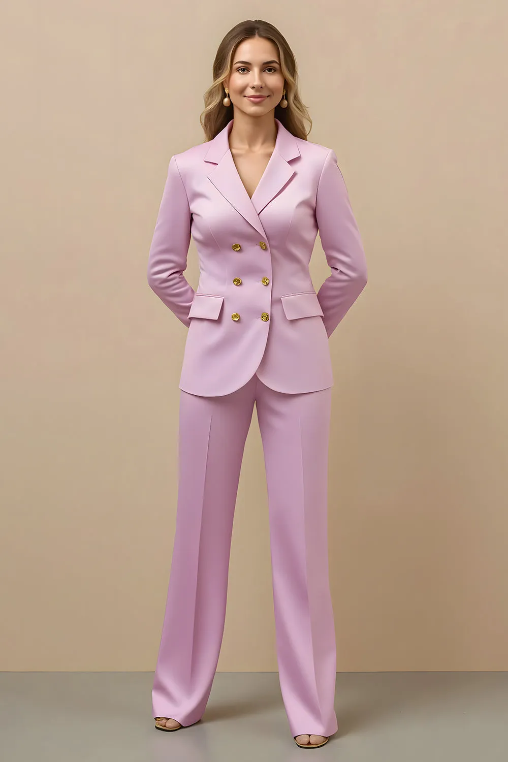 2 Piece Pink Satin Notched Lapel Double Breasted Women Business Suits sold by Zapaka