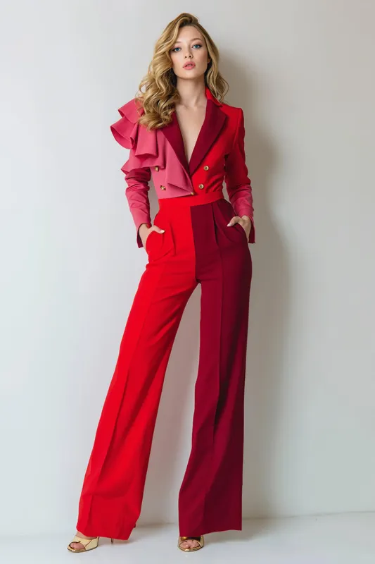 Red Pink Burgundy Patchwork 2 Piece Notched Lapel Women Suits with Ruffles sold by Zapaka