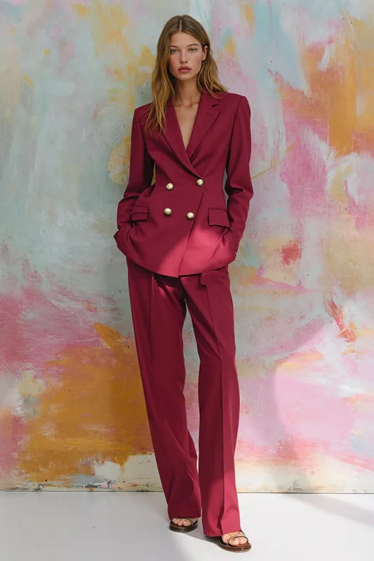Burgundy 2 Piece Notched Lapel Women Suits sold by Zapaka