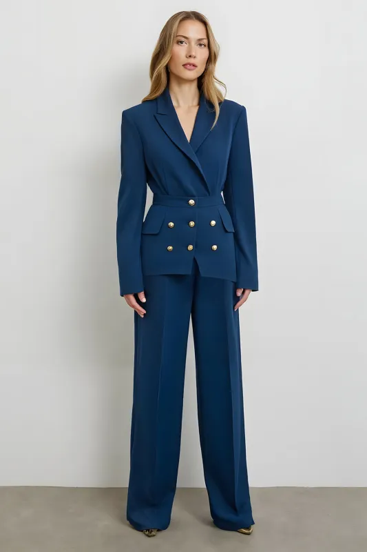 Dark Blue Double Breasted 2 Piece Satin Work Suits sold by Zapaka