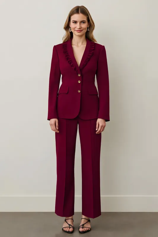Burgundy Shawl Lapel 2 Piece Women Prom Suits with Ruffles sold by Zapaka