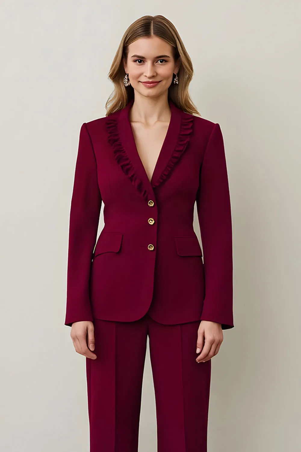 Burgundy Shawl Lapel 2 Piece Women Prom Suits with Ruffles sold by Zapaka product image thumbnail 3