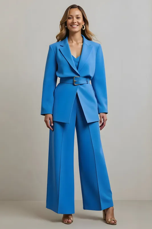 Blue Notched Lapel 2 Piece Women Prom Suits with Belts sold by Zapaka