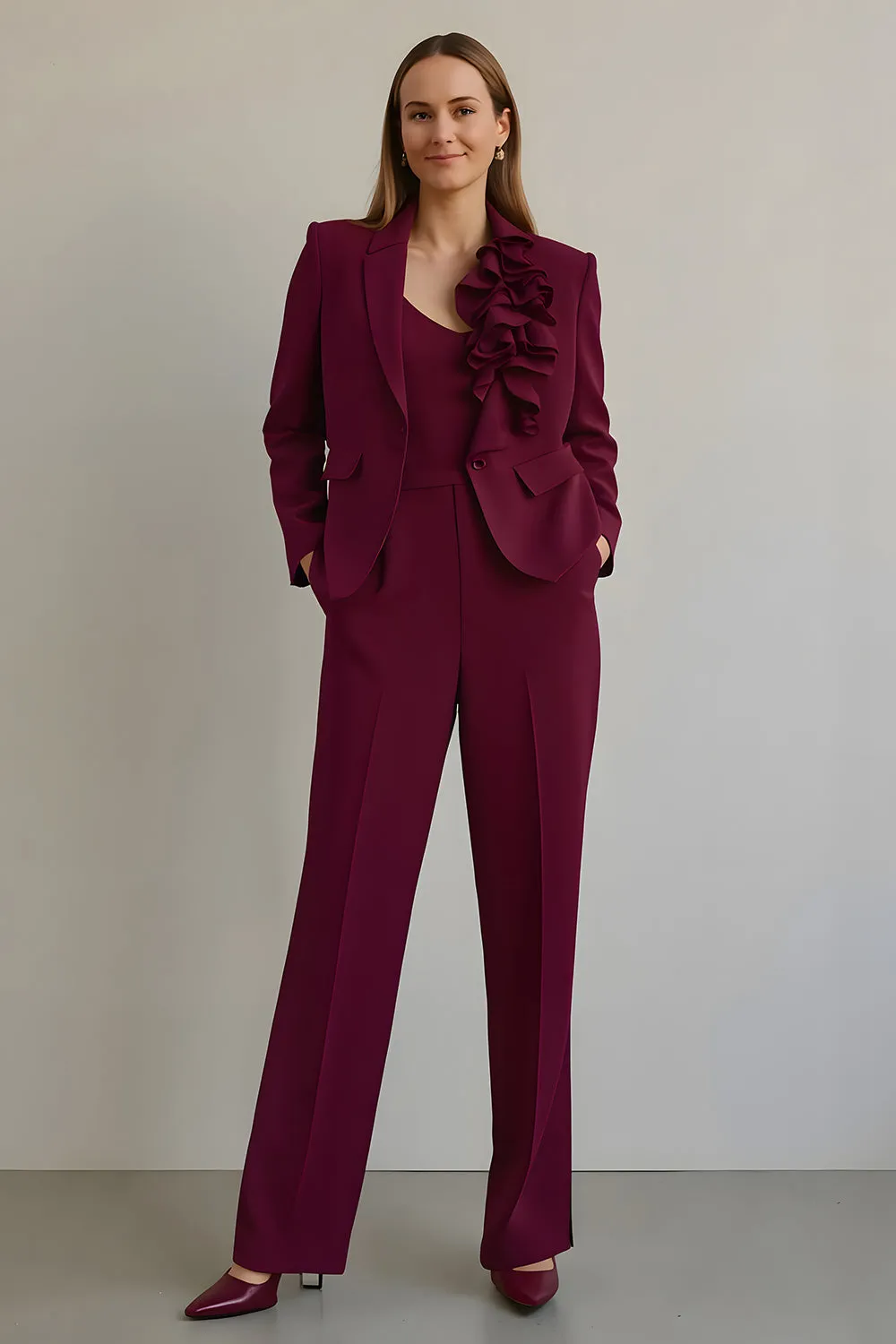 Burgundy 2 Piece Ruffled Satin Women Prom Suits with Pockets sold by Zapaka