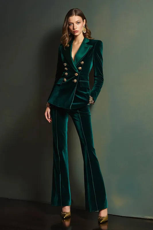Dark Green Velvet 2 Piece Peak Lapel Women Suits sold by Zapaka