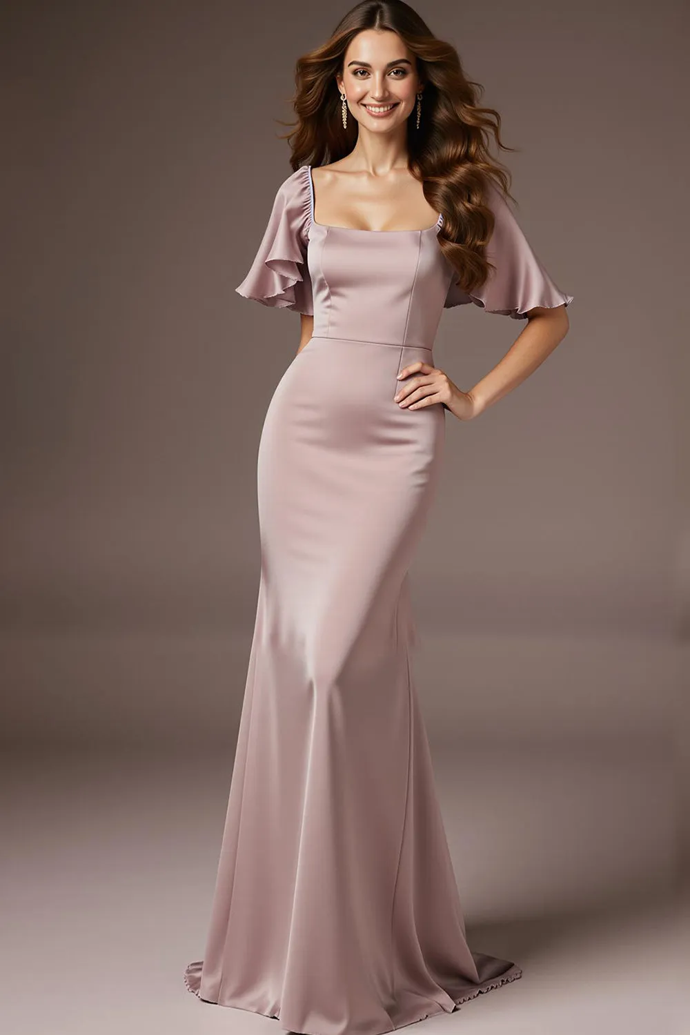 Light Pink Satin Mermaid Square Neck Long Prom Dress with Sleeves sold by Zapaka