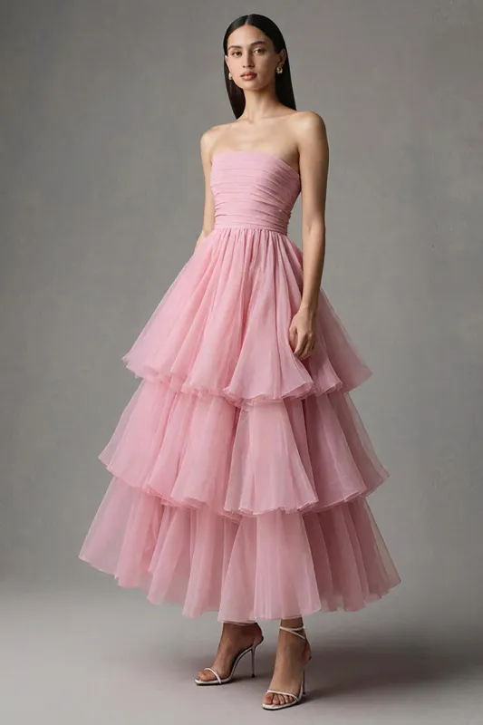 Pink A Line Strapless Tiered Maxi Formal Dress with Ruffles sold by Zapaka
