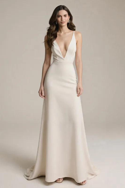Simple Ivory Satin V-Neck Sheath Long Prom Dress sold by Zapaka