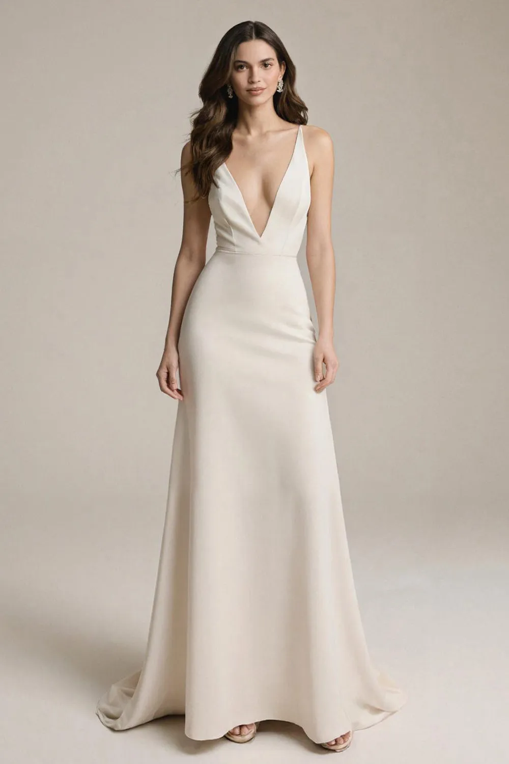 Simple Ivory Satin V-Neck Sheath Long Prom Dress sold by Zapaka