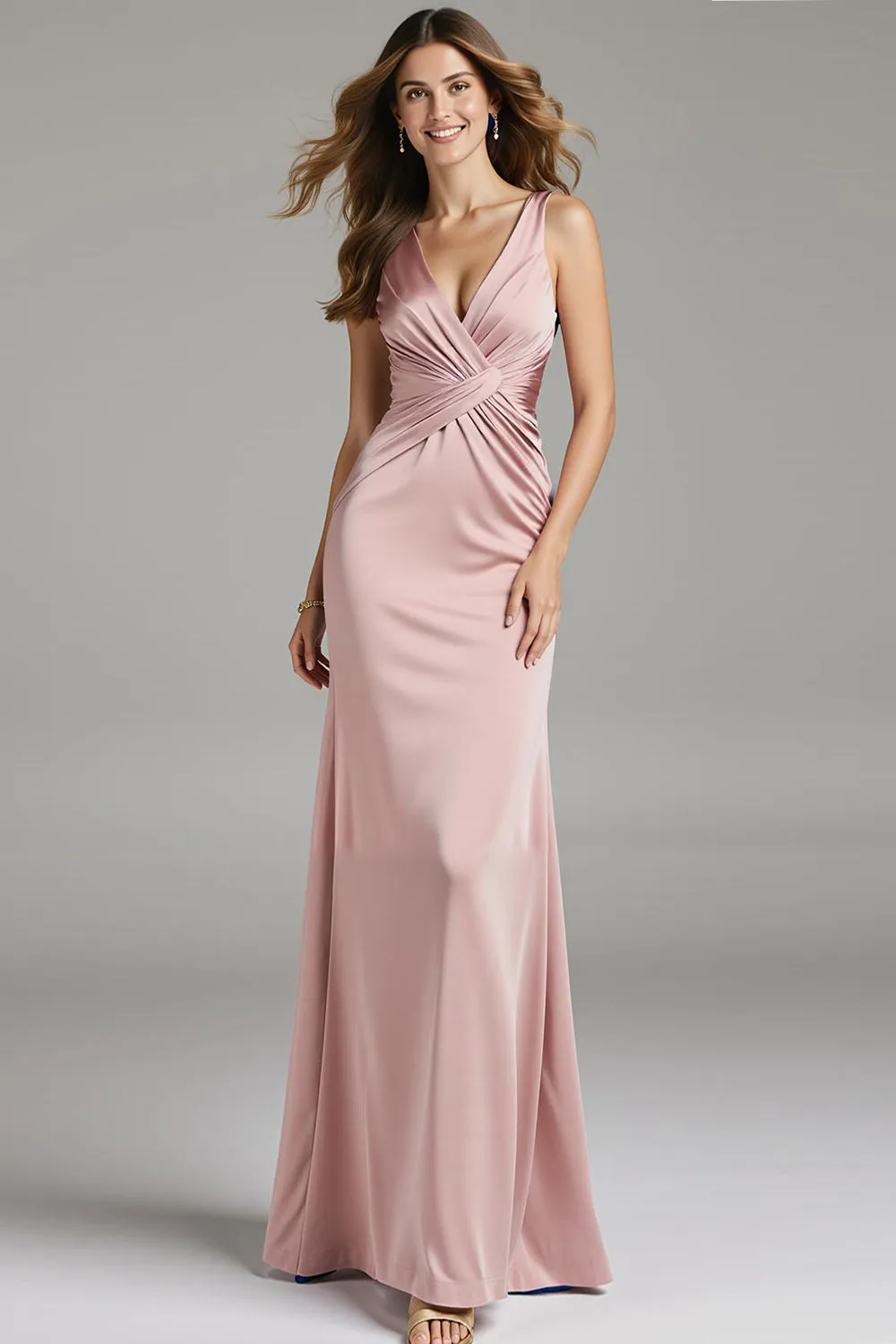 Light Pink Satin Mermaid Ruched Long Prom Dress sold by Zapaka