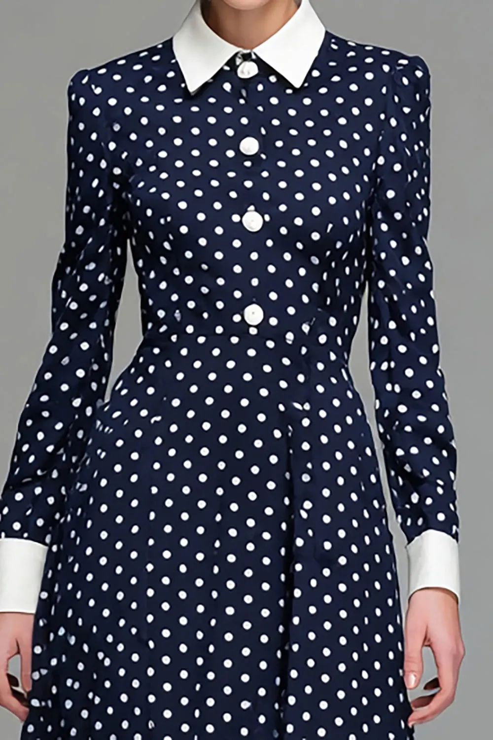 Navy Satin A-Line Long Sleeves Tea Length Polka Dots Dress sold by Zapaka product image thumbnail 3