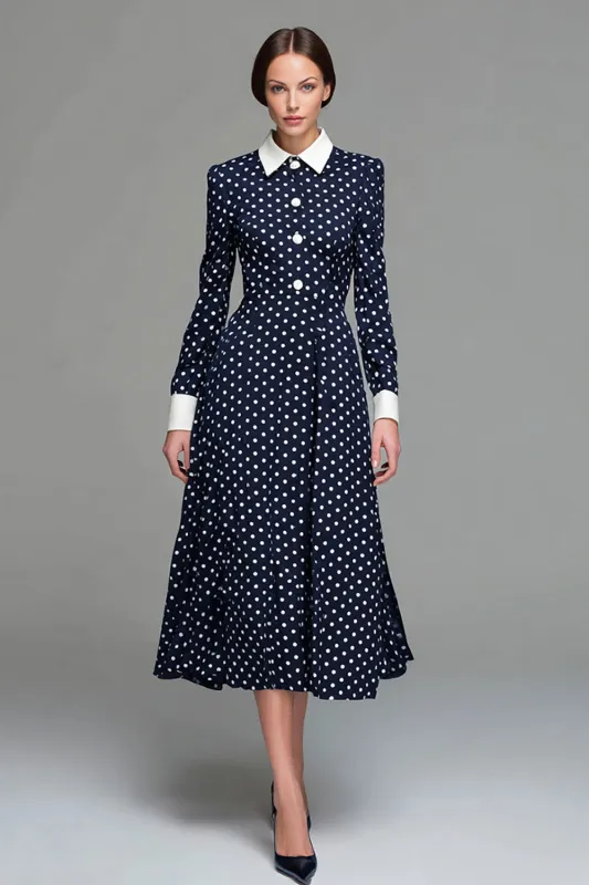 Navy Satin A-Line Long Sleeves Tea Length Polka Dots Dress sold by Zapaka