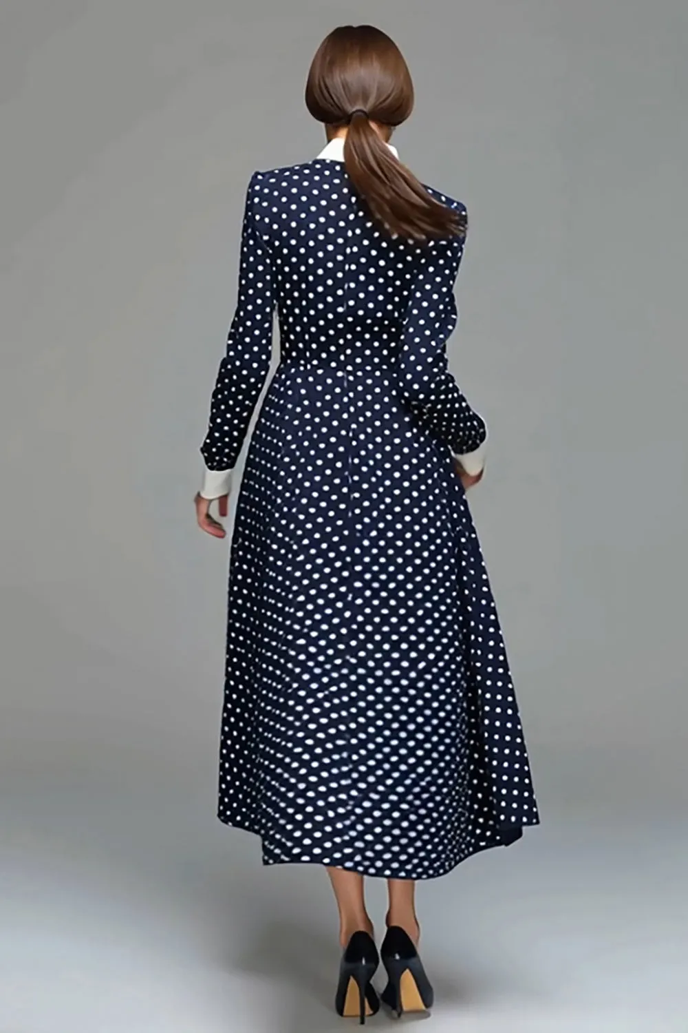 Navy Satin A-Line Long Sleeves Tea Length Polka Dots Dress sold by Zapaka product image thumbnail 2