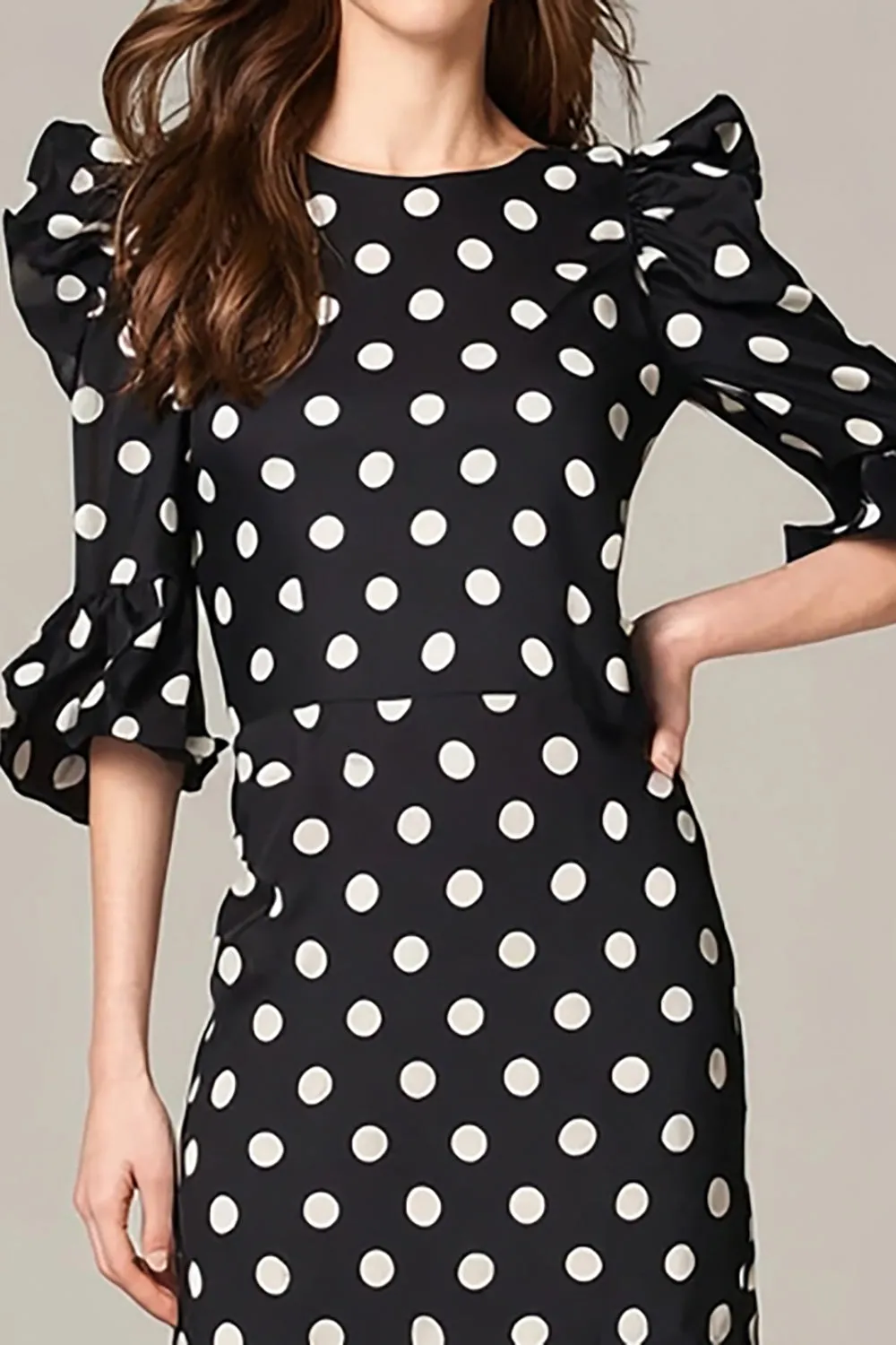 Black and White A-Line Chiffon Polka Dots Dress with Ruffles sold by Zapaka product image thumbnail 3