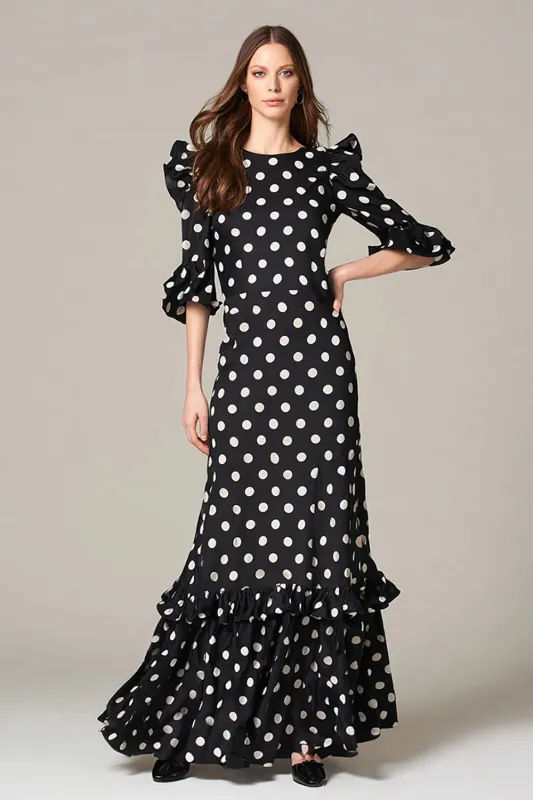 Black and White A-Line Chiffon Polka Dots Dress with Ruffles sold by Zapaka