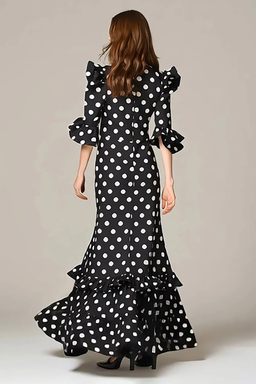 Black and White A-Line Chiffon Polka Dots Dress with Ruffles sold by Zapaka product image thumbnail 2